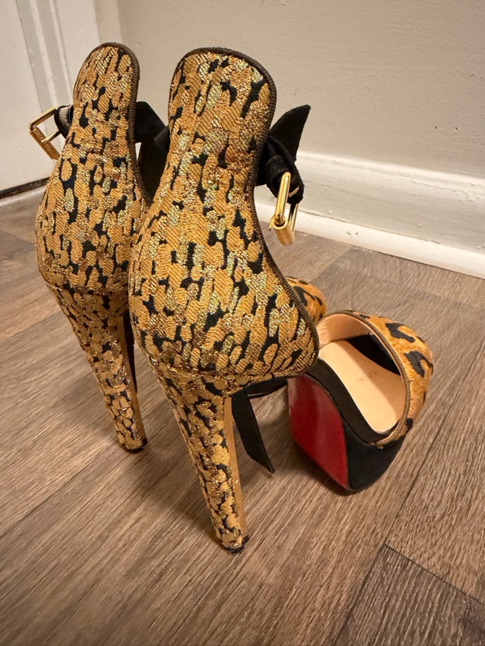 Christian Louboutin Gold and Black Leopard-Print High Heels - Picture 4 of 9